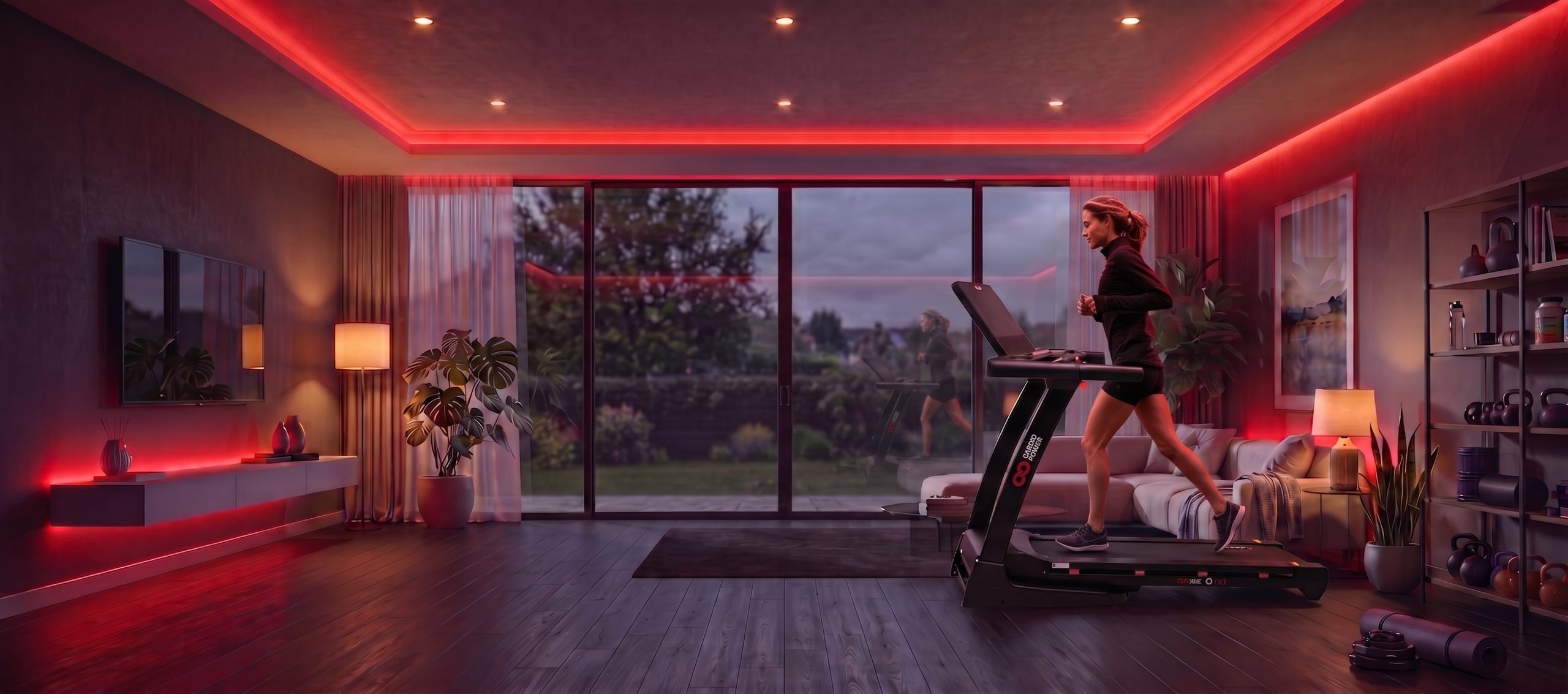 Тренировка на беговой дорожке CardioPower в домашней гостиной